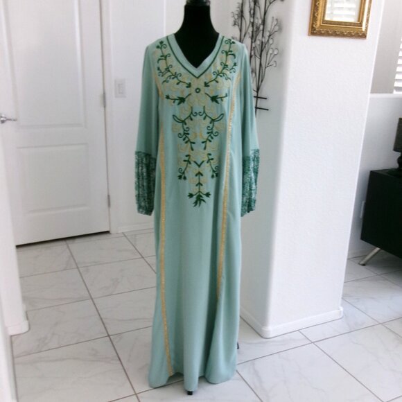 Shein Metallic Gold & Green Embroidered Maxi Dress Long Sleeve V-Neck M - Picture 1 of 13